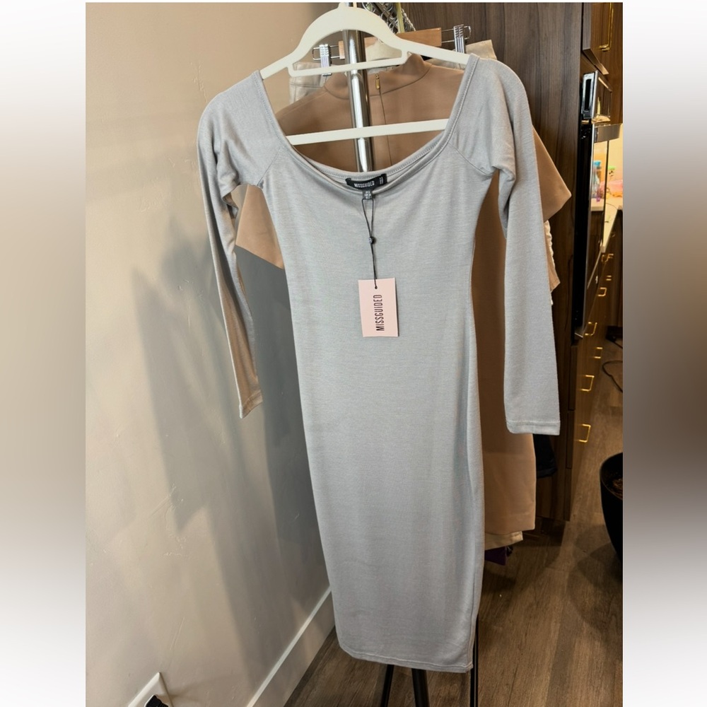 Missguided NWT size 2 light grey long sleeve Bardot midi dress